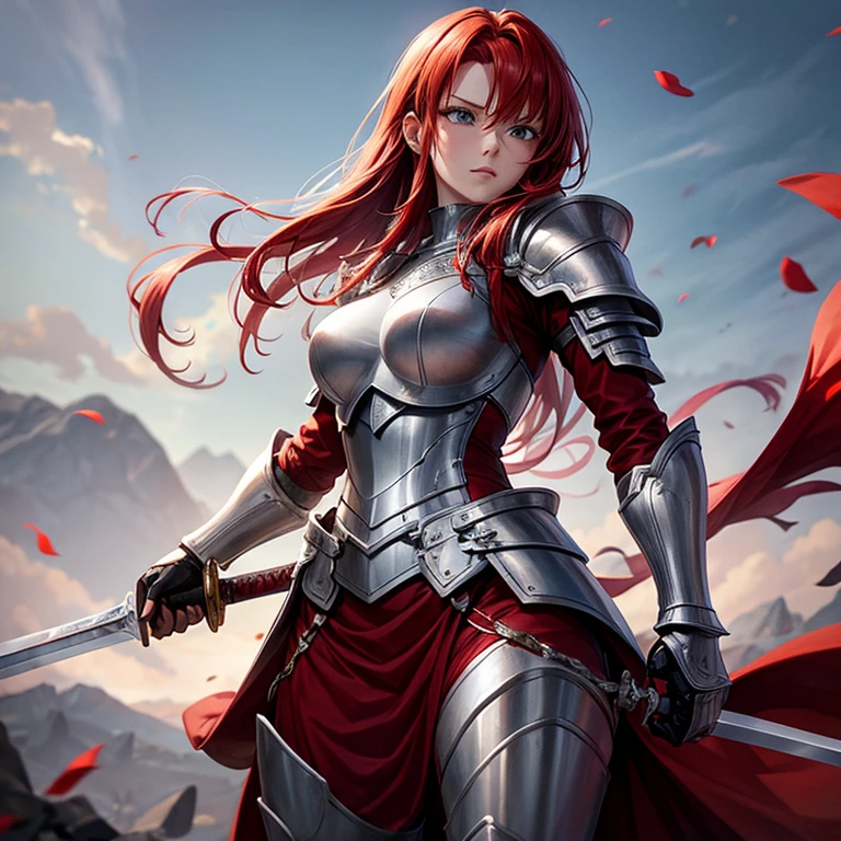 A woman with red hair, in silver armor holding a great sword
