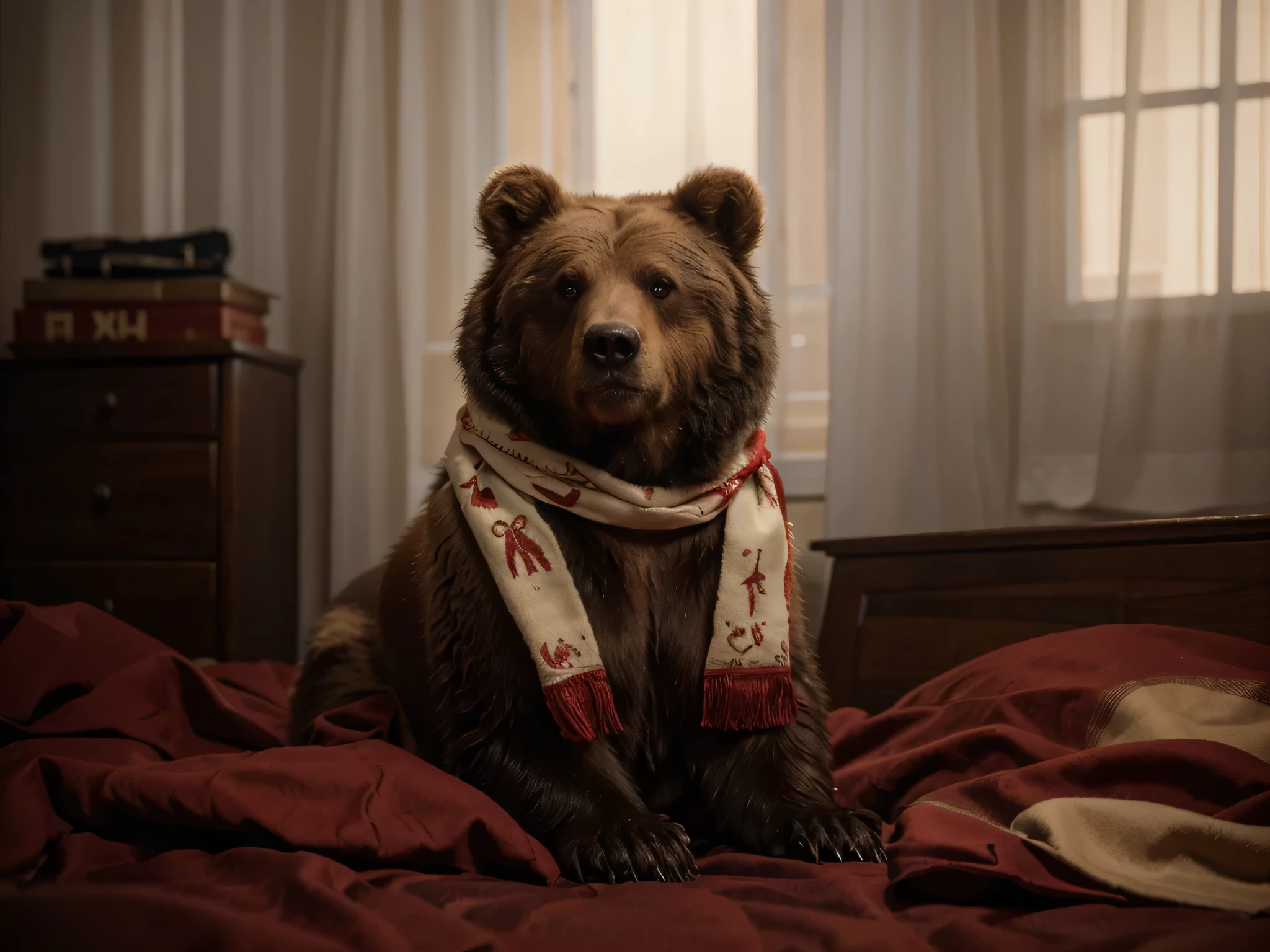 beautiful baby grizzly bear with realistic and detailed fur, he wears a red scarf with a Soviet symbol on his neck, he is on a bed inside a Soviet-style military base, 4k, ultra-detailed image, realistic, highly detailed, perfect composition, splendid, intricately detailed, Incredibly detailed, 8 k artistic photography, hyper detailed, Masterpiece, Ultra detailed, hyper realistic, 4k, Ultra detailed image, realistic, Highly detailed, perfect composition, splendid, Intricately detailed, Incredibly detailed, 8 k artistic photography, hyper detailed , Masterpiece