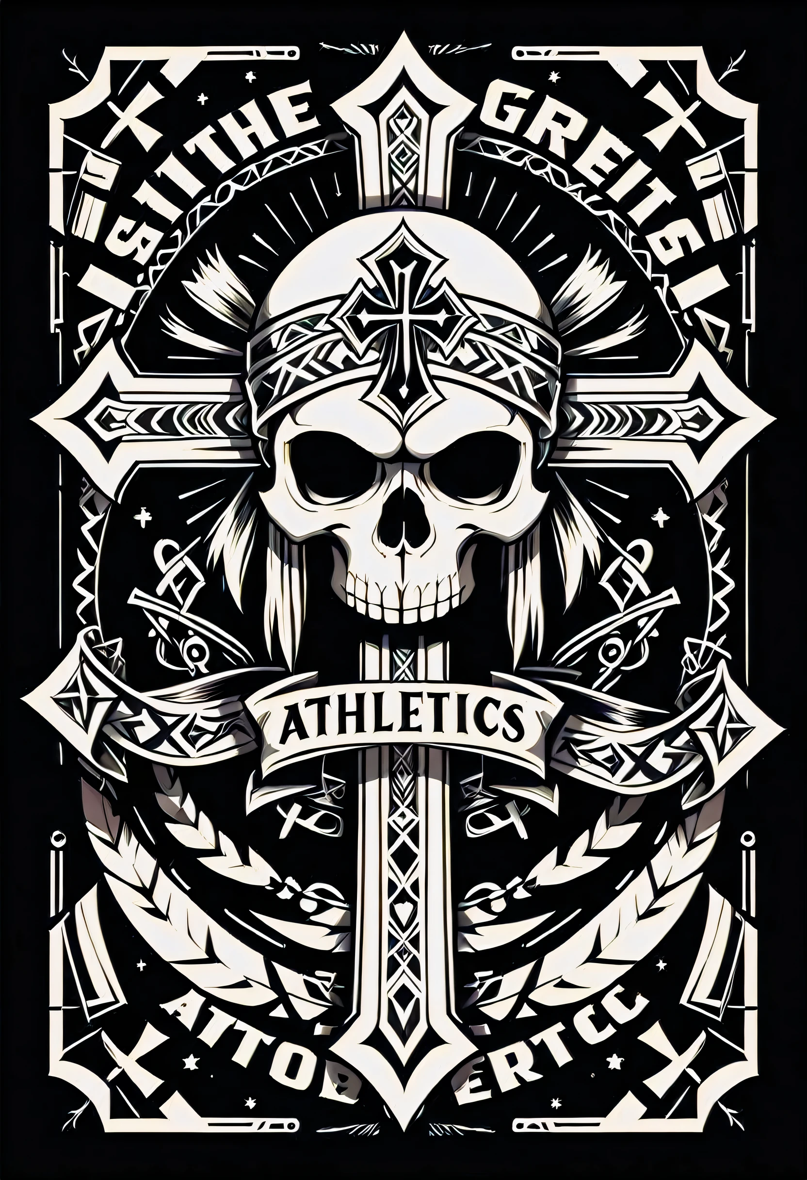 (best quality,black background:1.2),bold outlined emblematic cross , vintage with text ribbons . in a regular geometric symmetric style, The Grind Athletics tattoo tribal, with skull