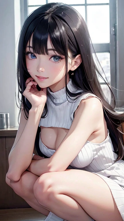 (8K, 超High resolution, highest quality, debris flies:1.2),(26 years old:1.2)、(big smile)、(look away)、8K、Japanese girl raw portrait、超High resolution、highest quality、 (small breasts:1.5),(sleeveless knit dress:1.5)、(from below:1.2)、walk、support your chest with your hands、(panty shot:1.2)、(city:1.4) Blake is (natural skin texture、fine skin、hyper realism、Super sharpness)、intricate details、Depth of written boundary、idol sculpture、actress model pose、 lady、、Long silver hair、Rear view、beautiful butt、star piece、highest quality、High resolution))、(1 girl)、(realistic:1.4)、alone、close your mouth、Smile、smile happily、pretty black hair、Big eyes、Clear double eyelids、eyelash、stick out ears、long neck、Absolute area、beautiful clavicle、perfect face、bangs、きれいなbangs、thin lips、Fair skin、small face、face becomes smaller、draw all the heads、look slightly upward at the camera、(look at the audience、eye highlights、Beautiful light blue eyes、lip gloss chest bulge、squat、white boots、