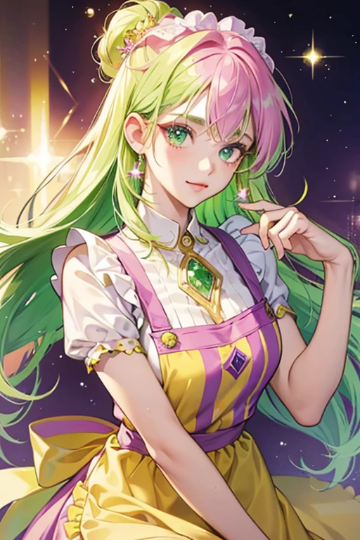 She has purple skin and green eyes. She has four green/yellow crystals in her head/hair and is seen wearing a pink apron and a yellow shirt. SPARKLE; GLITTER