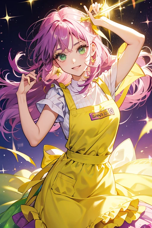 She has purple skin and green eyes. She has four green/yellow crystals in her head/hair and is seen wearing a pink apron and a yellow shirt. SPARKLE; GLITTER