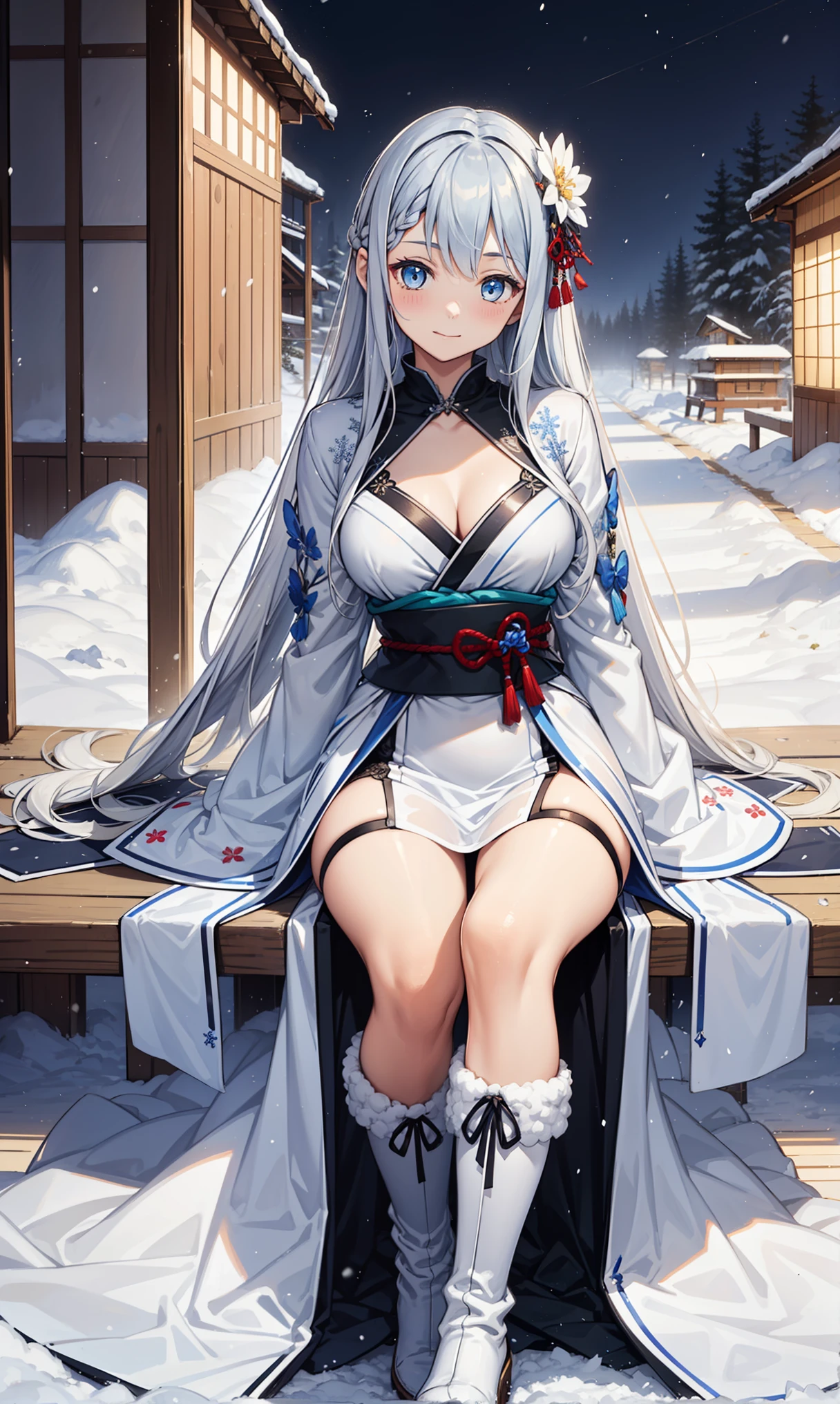 saints，Attractions，having fun，in love，(Western magic white dress)，silver hair，blue eyes，Suitable for transparent clothes，Decoration of saints，Sky blue cloth，Snowflake pattern，Sky blue pattern，snowy night，Transparent lace，exquisite clothing，sitting position，the only person，Japanese garden，(night:1.1)，snow，(White suspender boots:1.1)，Exquisite and beautiful face，sitting position，Snowstorm hits，Exquisite and beautiful eyes