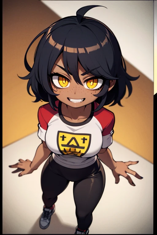 ((work of art, Best quality)), frontal lighting, (1 woman), (Alone), (female focus), (standing: 1.3), (looking ahead: 1.3), defined body, exercise uniform, gym clothes, leggings, top, short clothes, black hair, short hair, brown eyes, freckles, (dark skin: 1.3), mulatto, (very wide shot: 1.5), streaked hair, black hair, ahoge, curly hair, hair behind ear, yellow eyes, sparkling pupils, light smile, grin, serious, seductive smile, depth of field, reflection light, macro photo, masterpiece, anatomically correct, high quality, best quality