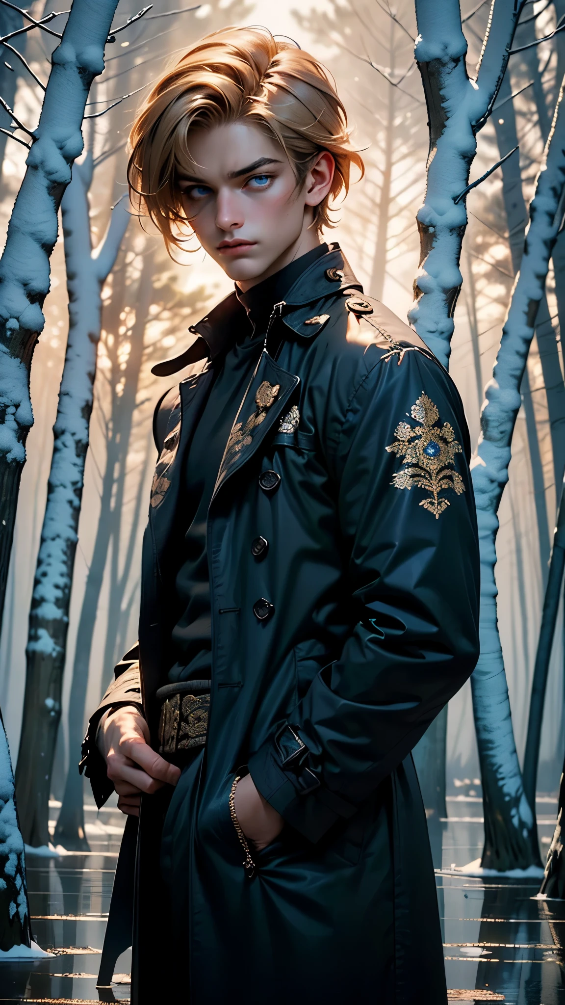 Arafed image of a man in a black coat standing in a forest - SeaArt AI