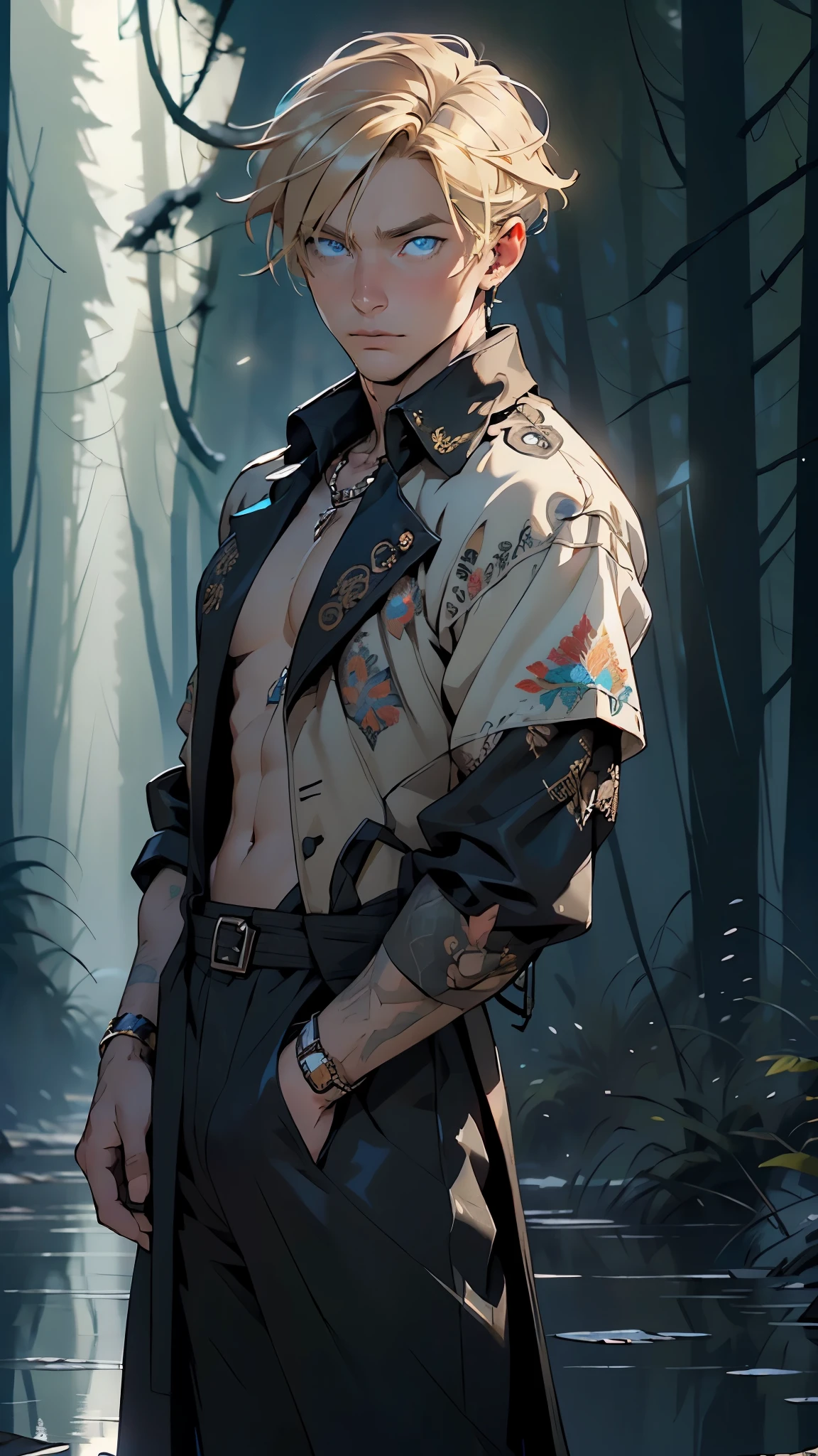 young man,male,light modern clothes,18 years old,(blonde hair:1.2,nice hair style,short detailed hair),(((blue_eyes:1.3))),intricate eyes,beautiful detailed eyes,symmetrical eyes,big eyes:1.5, handsome man,man:1.5,1 man,(male,muscle,1boy, 1 boy,pectoral,man chest, muscular),young,((1male,1 male,1man,man,male gender:1.5,handsome man,male focus)),

serious face,evil eyes, 

(bulge on pants),Sweatshirt,sweater,(navel),(snowflake necklace), winter clothes,(((intricate outfit,intricate clothes,embroidered outfit,ornate outfit,embroidered clothes,ornate clothes))),(((crystal outfit,trench coat,black clothes, black outfit))),

(dynamic pose:1.0),serious and thoughtful,man embarrassed,(centered,scale to fit dimensions,Rule of thirds),

((snowy pine forest at night, dark forest, swamp, murky water, foggy, creepy aura, eerie atmosphere)),with dark stormy clouds,winter,scenery:1.25,intricate scenery,((snow forest background)),

(Glossy winter ornaments),highres,sharp focus,(ultra detailed,extremely detailed),(photorealistic artwork:1.37),(extremely detailed CG unity 8k wallpaper),(((vibrant colors,vibrant theme))),(intricate),(masterpiece),(best quality),artistic photography,(photography taken by sldr),(intricate background),perfect rendered face,perfect face details,realistic face,photo realistic,((intricate detail)),(((realism))),
