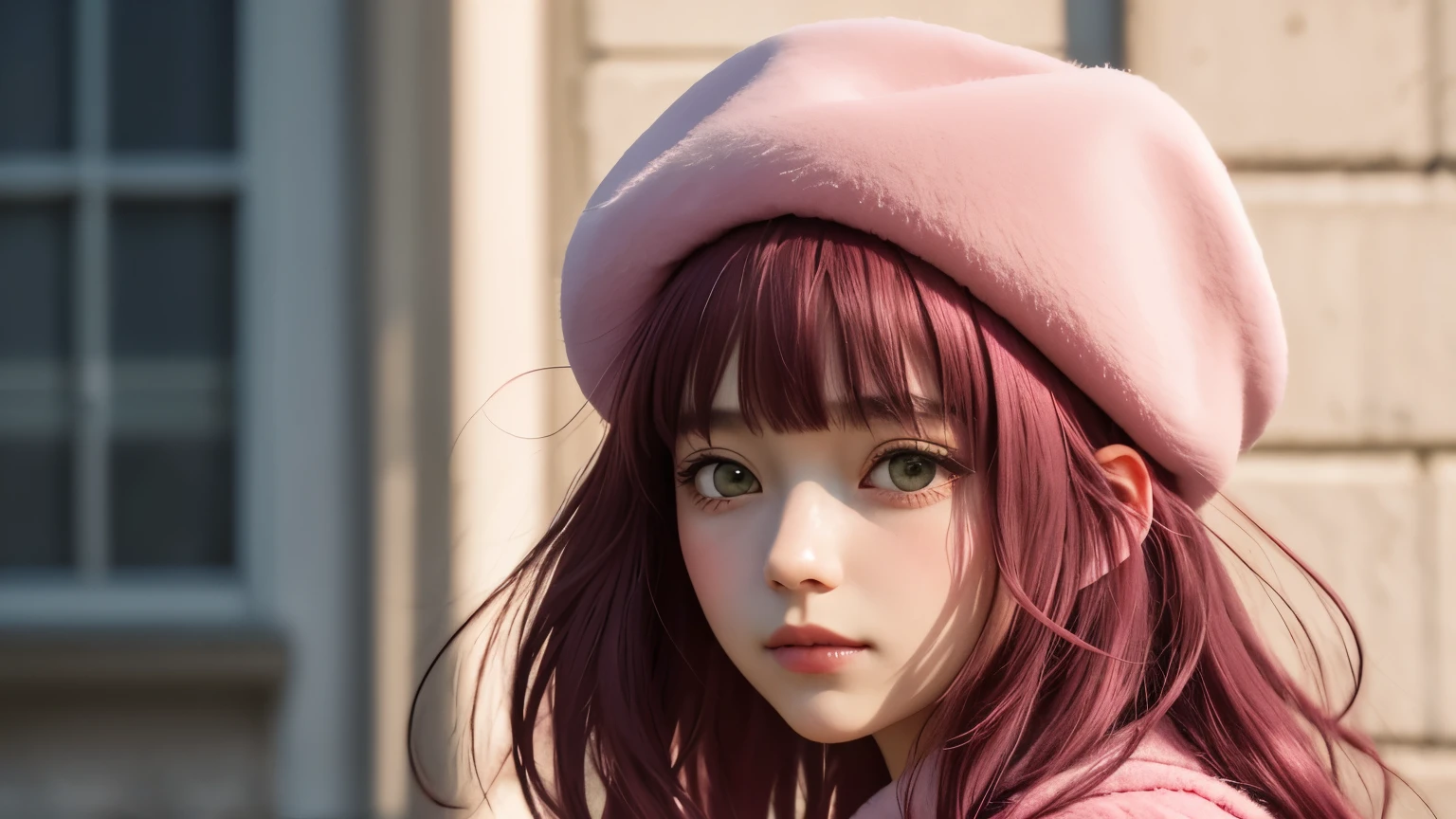 Fake animal ears with soft pink tips sat atop a head adorned with bangs that cascaded down to frame a face with a faint smile. Red ear accents peeked out from beneath the wispy bangs, adding playful depth to the composition. In the distance, a figure donned a beret with a similar hue, their direction implied by the slight shadow cast upon the ground.
The color palette was saturated with soft pinks and reds, accentuated by the contrast of the slight relief and atmospheric perspective in the scene. This surrealistic 8K image boasted super details and precise rendering, each element expertly crafted with color splashes, ink