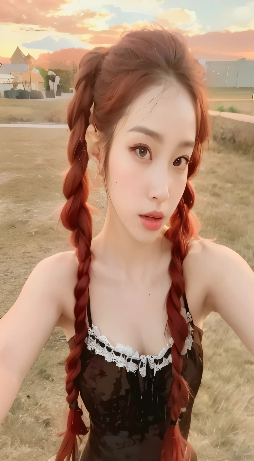 Arafed woman with red hair and a brown dress posing for a photo., coletas hairstyle, two coletas hairstyle, coletas hair, peinado de dos colas, with black coletas, jennie rosa negro, ulzzang, hair in coletas, long coleta, coleta braids, coletas, coleta, wonyoung, short coletas hair