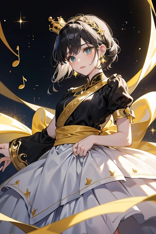 Lullaby Princess has grayish skin and short black hair that is shaped like a music note. She wears a black and white dress that is designed to look like a piano, as well as a gold sash that is wrapped around her arms. She also wears a gold crown with a green gemstone embedded into it. SPARKLE; GLITTER