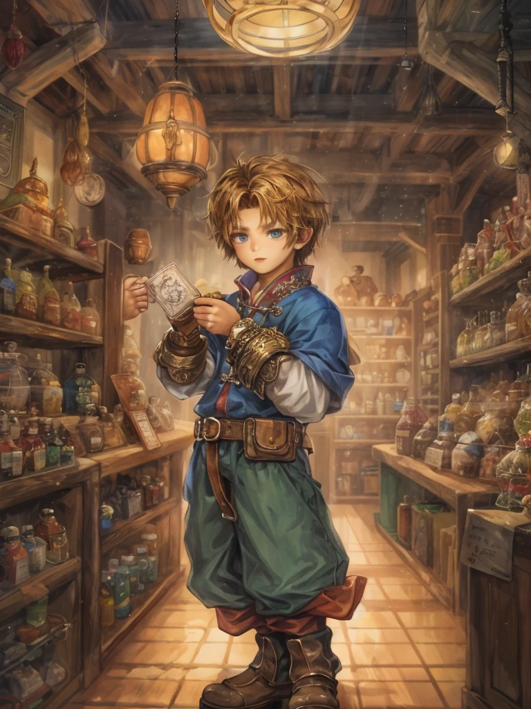 (absurdres, highres, ultra detailed, HDR), masterpiece, intricate, best quality, portrait of a handsome hero from Final Fantasy IX, short hair, korean face, anime eyes, merchant outfit detailed interiors of an rpg items shop, detailed character