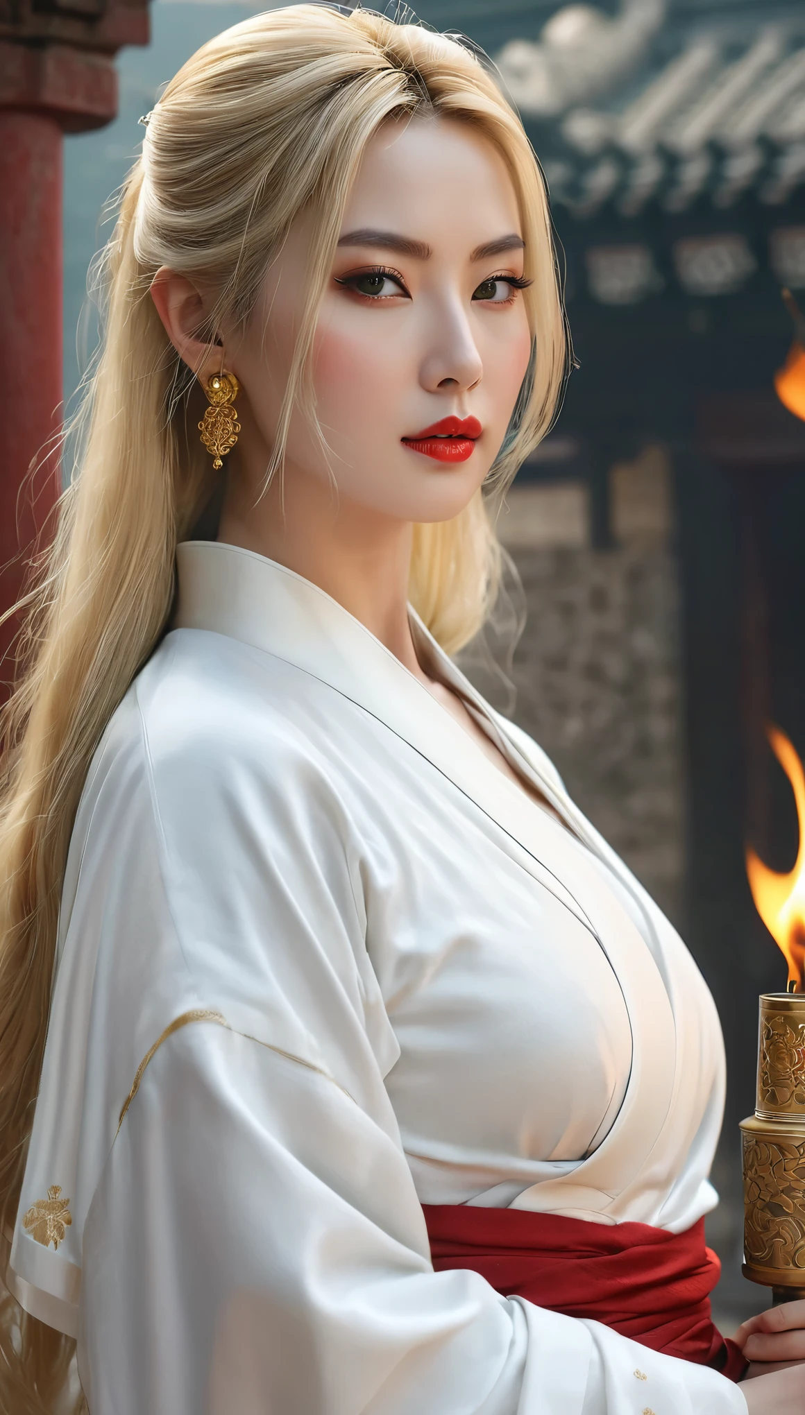 (((Hyper Real)))、(((A 30-year-old white female priest from ancient Europe)))、(((Beautiful female priest))) Mature beautiful middle-aged woman、(((Big big boobs)))、Fine skin、Beautiful plump middle-aged woman、(Fine green eyes)、Blonde fluffy long hair、{(Ancient ornate and luxurious temple)、(Many torches are burning)}、(((Big big cleavage)))、Big Ass、Red lips、(((Luxurious pure white outfit and gorgeous accessories)))、
