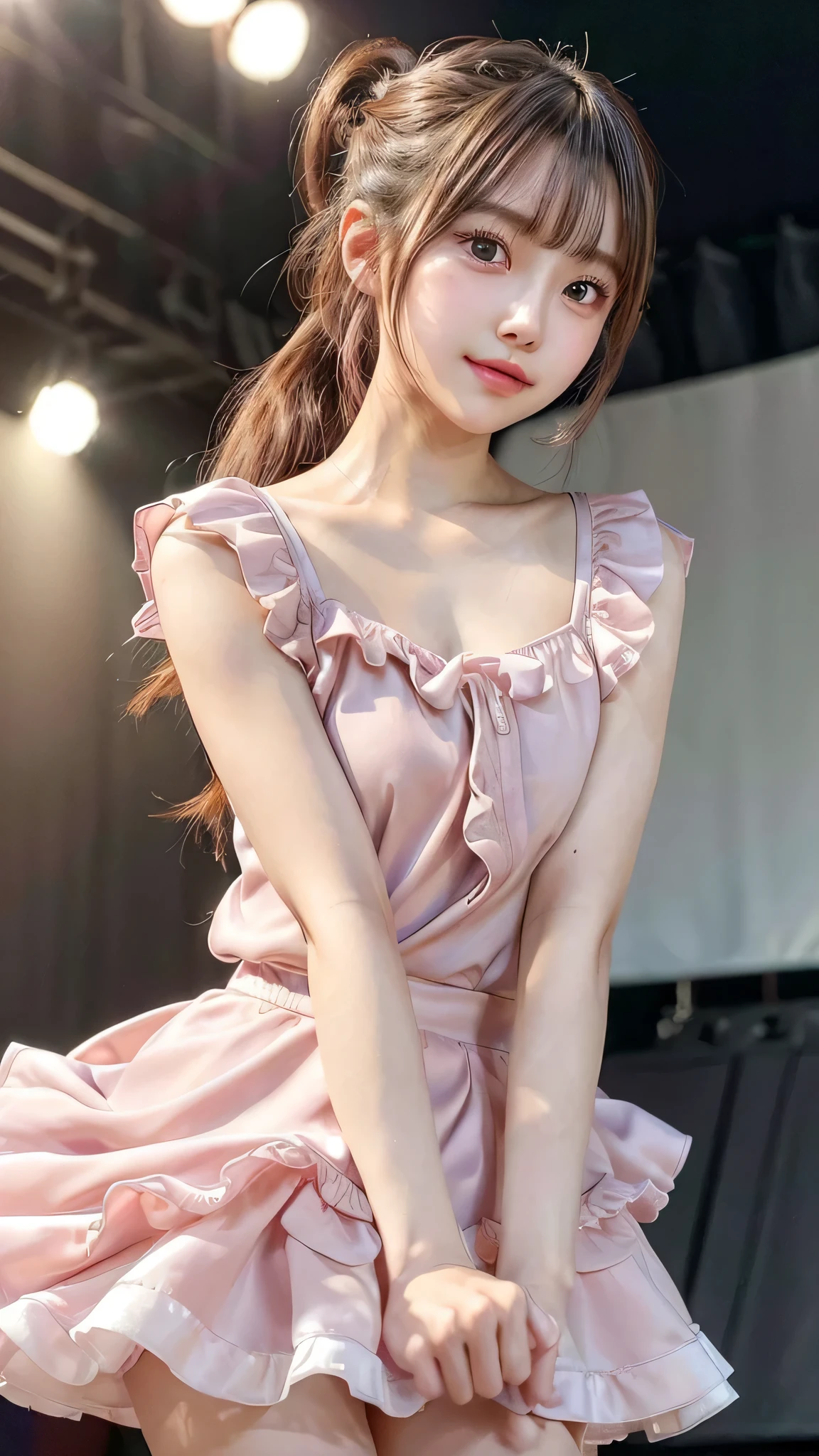 close up of face,blush,face forward,small breasts,,long hair ponytail,on stage,in the spotlight,((8K, Raw photo, best quality, muste piece:1.2), (Reality, photorealistic:1.4), (Highly detailed 8K wallpaper), Depth of the bounds written, cinematic lighting, soft light, detailed beauty eye,Shiny and smooth light brown ponytail, asymmetrical bangs, shiny skin, super detailed skin ,high resolution, high detail, detailed hairstyle, detailed beauty face, hyper real, perfect limbs, perfect anatomy ,1 Japanese girl,famous japanese idol, perfect female body,shy smile,short eyelashes,double-edged eyelids,look straight here,Hair style is ponytail、Pink colored long dress with lots of ruffles, softly shaped skirt, standing on stage,pink ribbon on head,She is wearing a skirt with lots of frills,pose is random,Neat clothes