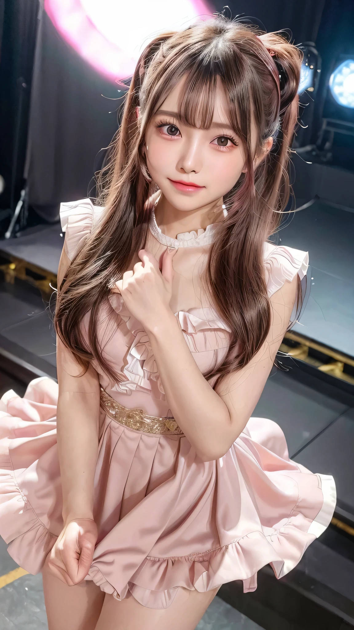 close up of face,blush,face forward,small breasts,14 years old,long hair ponytail,on stage,in the spotlight,((8K, Raw photo, best quality, muste piece:1.2), (Reality, photorealistic:1.4), (Highly detailed 8K wallpaper), Depth of the bounds written, cinematic lighting, soft light, detailed beauty eye,Shiny and smooth light brown ponytail, asymmetrical bangs, shiny skin, super detailed skin ,high resolution, high detail, detailed hairstyle, detailed beauty face, hyper real, perfect limbs, perfect anatomy ,1 Japanese girl,famous japanese idol, perfect female body,shy smile,short eyelashes,double-edged eyelids,look straight here,Hair style is ponytail、Pink colored long dress with lots of ruffles, softly shaped skirt, standing on stage,pink ribbon on head,She is wearing a skirt with lots of frills,pose is random,Neat clothes
