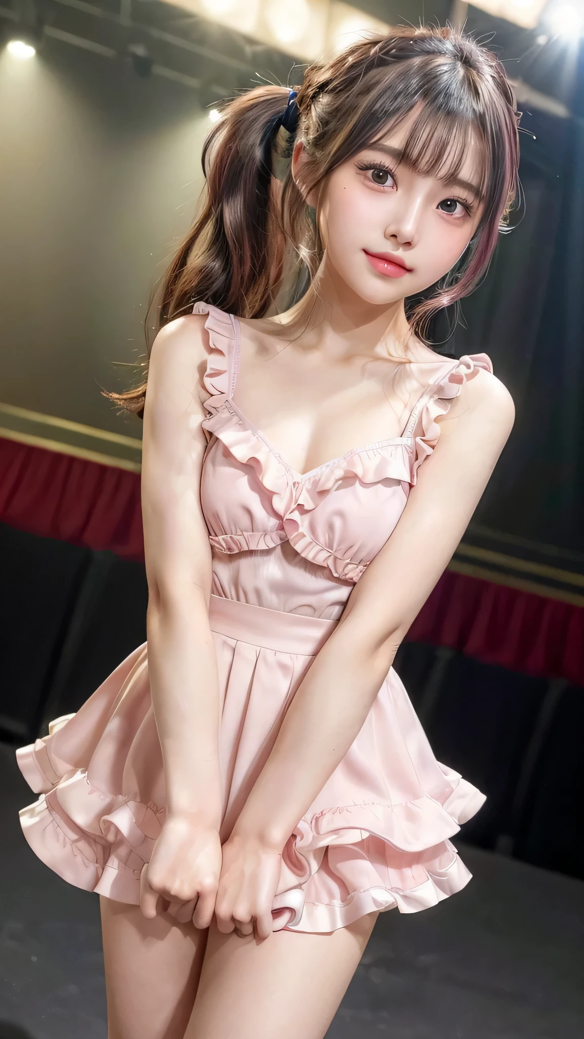 close up of face,blush,face forward,small breasts,14 years old,long hair ponytail,on stage,in the spotlight,((8K, Raw photo, best quality, muste piece:1.2), (Reality, photorealistic:1.4), (Highly detailed 8K wallpaper), Depth of the bounds written, cinematic lighting, soft light, detailed beauty eye,Shiny and smooth light brown ponytail, asymmetrical bangs, shiny skin, super detailed skin ,high resolution, high detail, detailed hairstyle, detailed beauty face, hyper real, perfect limbs, perfect anatomy ,1 Japanese girl,famous japanese idol, perfect female body,shy smile,short eyelashes,double-edged eyelids,look straight here,Hair style is ponytail、Pink colored long dress with lots of ruffles, softly shaped skirt, standing on stage,pink ribbon on head,She is wearing a skirt with lots of frills,pose is random,Neat clothes
