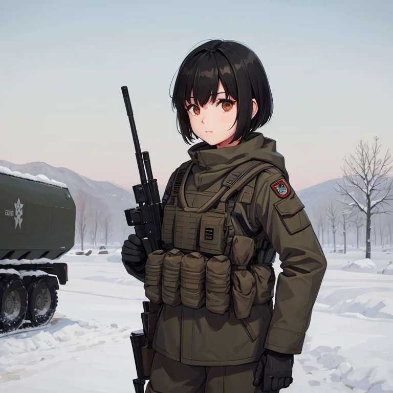Young girl, short black hair, brown eyes, soldier's winter uniform, sleeveless, sniper, calm look, masterpiece, high quality