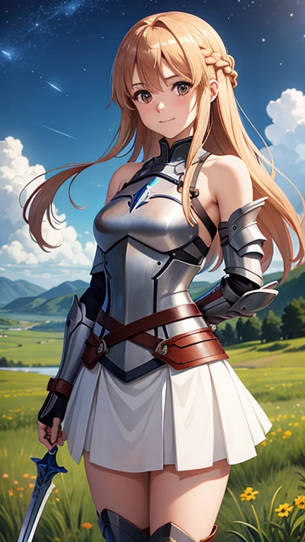 1girl in, s Armor, asuna_\(sao\), bangss, bare_shoulders, mid night, red blush, boots, Braids, breastplates, breastplates, breastsout, brown_eyes, closed_mouth, cloud, Hair fluttering in the wind, natta, starrysky, milkyway, grassy, hair_between_eyes, long_hair, looking_at_viewer, mont, plein air, lake, Hold the sword, skirt by the, Sky, a smile, solo, thighs thighs thighs thighs, very_long_hair