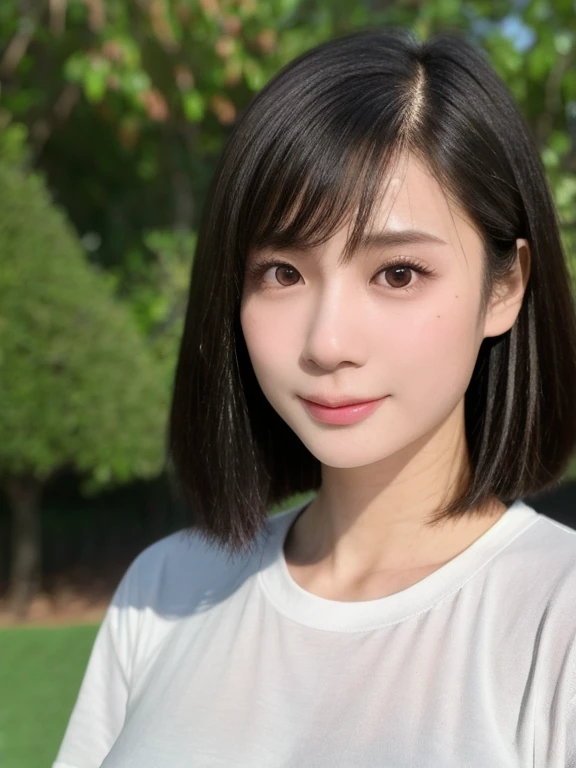 (kawaii 24 year-old Japanese girl, Nogizaka idol, Korean idol), healthy female athlete body, (glossy black hair, very short hair, messy hair edge, symmetric hair length:1.3), (bangs), (rounded face, brown eyes, single eyelid, no makeup, soft smiling:1.2), (wearing over-sized t-shirt, skinny jeans:1.3), flat chest, extra small breasts, (looking at viewer:1.2), BREAK, (turf in the park background:1.3), (dynamic angle:1.3), BREAK, (masterpiece, best quality, photo realistic, official art:1.4), (UHD, 8K quality wallpaper, high resolution, raw photo, golden ratio:1.2), (shiny skin), professional lighting, physically based rendering, award winning, (perfect anatomy, highly detailed skin, extremely detailed face and eyes), Carl Zeiss 85 mm F/1.4, depth of field, 1girl, solo,