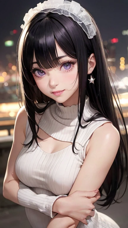 (8K, 超High resolution, highest quality, debris flies:1.2),(26 years old:1.2)、(big smile)、(look away)、8K、Japanese girl raw portrait、超High resolution、highest quality、 (small breasts:1.5),(sleeveless knit dress:1.5)、(from below:1.2)、walk、support your chest with your hands、(panty shot:1.2)、(city:1.4) Blake is (natural skin texture、fine skin、hyper realism、Super sharpness)、intricate details、Depth of written boundary、idol sculpture、actress model pose、 lady、、long black hair、Rear view、beautiful butt、star piece、highest quality、High resolution))、(1 girl)、(realistic:1.4)、alone、close your mouth、Smile、smile happily、pretty black hair、Big eyes、Clear double eyelids、eyelash、stick out ears、long neck、Absolute area、beautiful clavicle、perfect face、bangs、きれいなbangs、thin lips、Fair skin、small face、face becomes smaller、draw all the heads、look slightly upward at the camera、(look at the audience、eye highlights、Beautiful purple eyes、lip gloss chest bulge、squat、white boots、