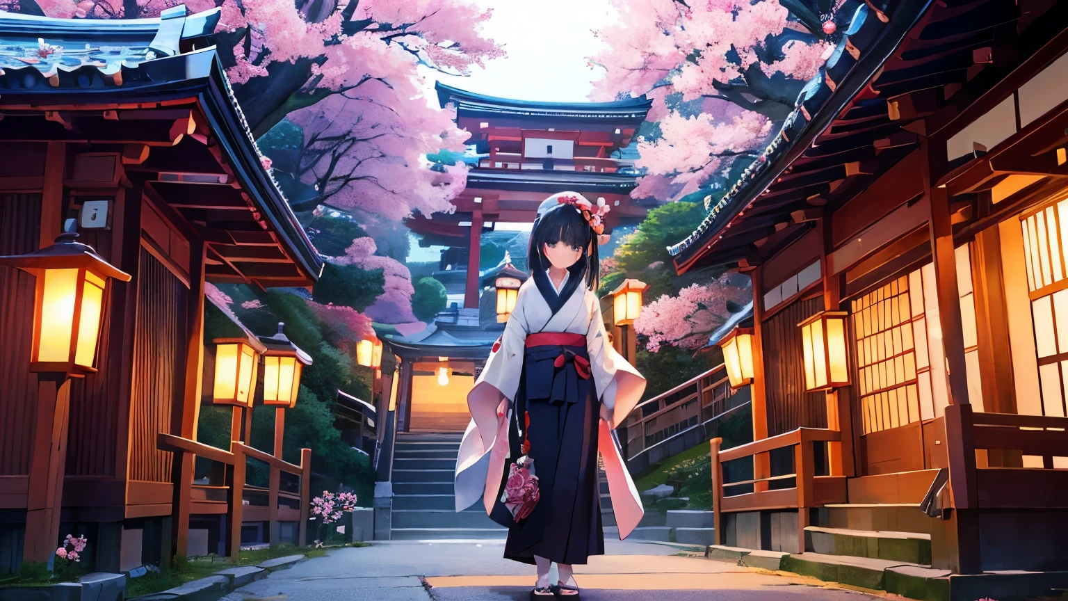 highest quality、cute face, delicate eyes, girl, alone、kimono, night sky, shrine, Mountain, Wind, Japan、Cherry tree、falling petals、night、temple、Full body from below