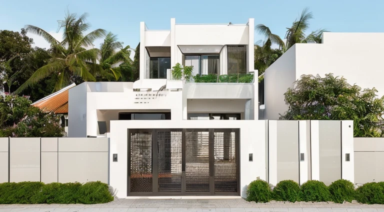 (a beautiful, modern villa with minimalist design, high-quality photography:1.2), crisp lines and clean shapes, large floor-to-ceiling windows, spacious and open interior, luxurious materials, natural light flooding in, seamless integration of indoor and outdoor spaces, serene and tranquil atmosphere, lush greenery in the surrounding landscape, clear blue sky during the day