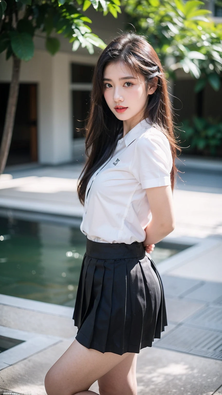 ((1girl)),in mahalai uniform, pose at garden, makeup with glossy lip, small breasts, (white shirt short sleeves:1.4), (black pleated skirt:1.4), various angle, ((face focus)), 22 years old, Beautiful Korean Girl, ((standing)) pose, (nsfw:1.4)