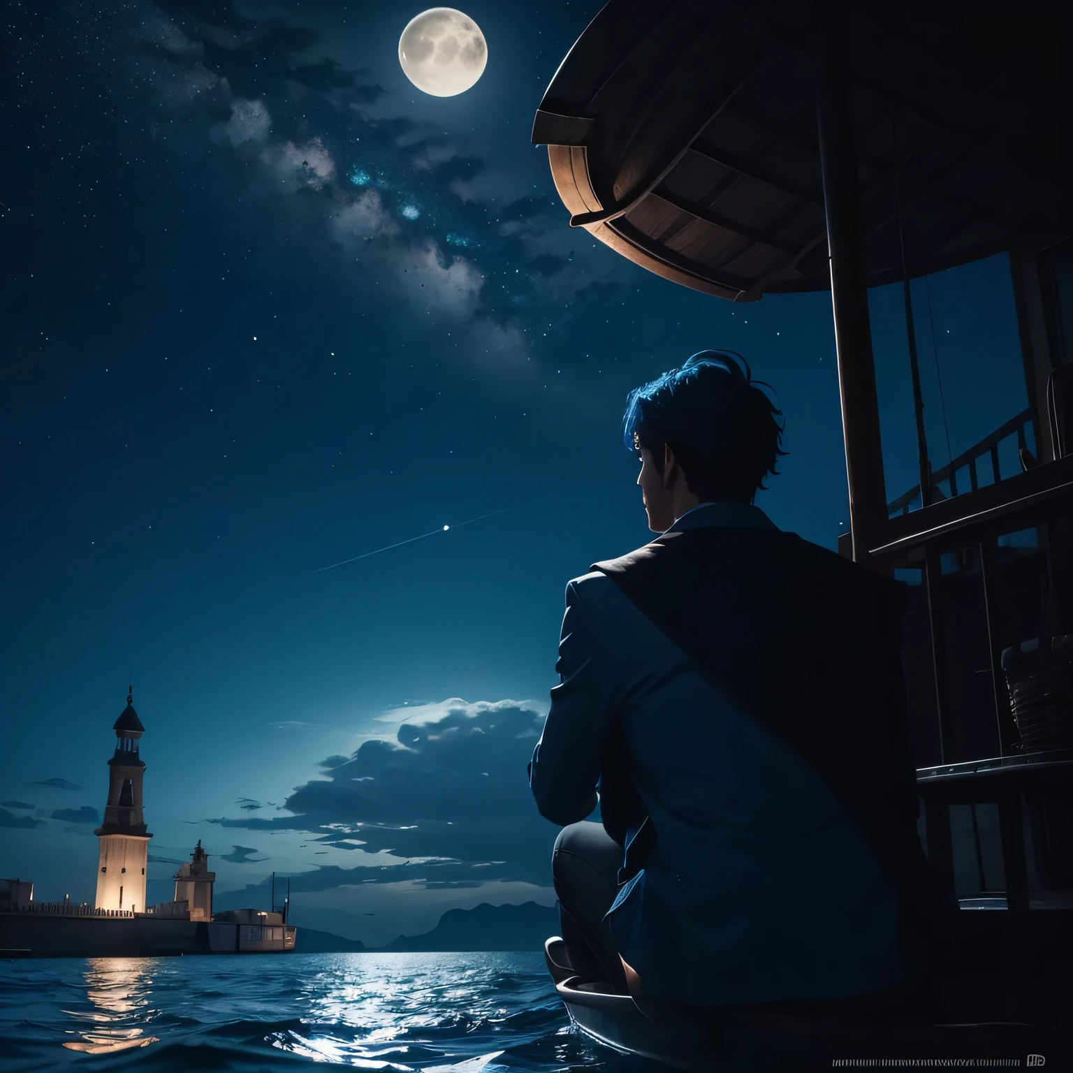 Hombre. De espalda. Persona en un bote mirando a la Luna en tercera persona. La imagen es muy oscura en tonos azules Super 4K