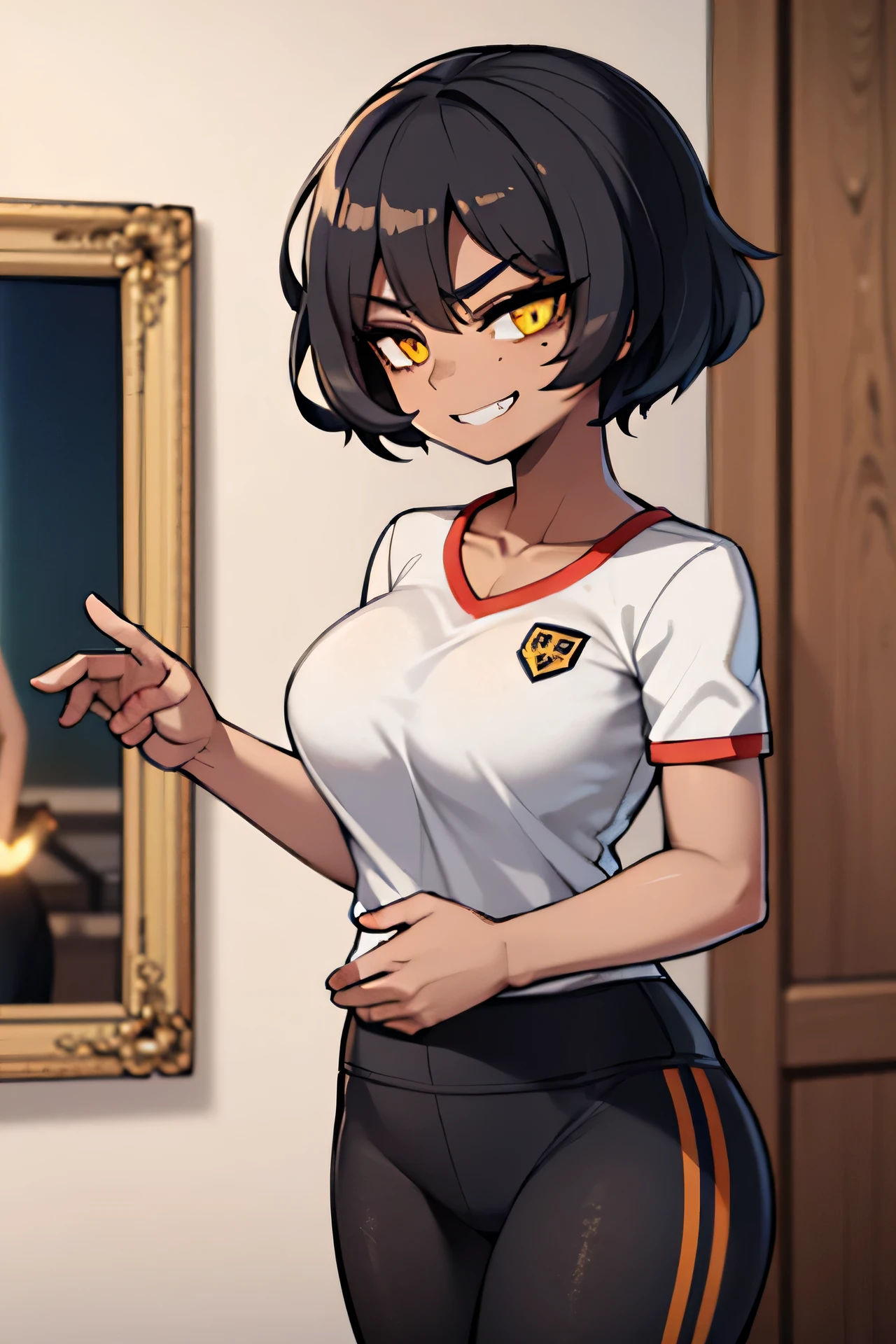 ((work of art, Best quality)), frontal lighting, (1 woman), (Alone), (female focus), (standing: 1.3), (looking ahead: 1.3), defined body, exercise uniform, gym clothes, leggings, top, short clothes, black hair, short hair, brown eyes, freckles, (dark skin: 1.3), mulatto, (very wide shot: 1.5), streaked hair, black hair, curly hair, hair behind ear, yellow eyes, sparkling pupils, light smile, grin, serious, seductive smile, depth of field, reflection light, macro photo, masterpiece, anatomically correct, high quality, best quality