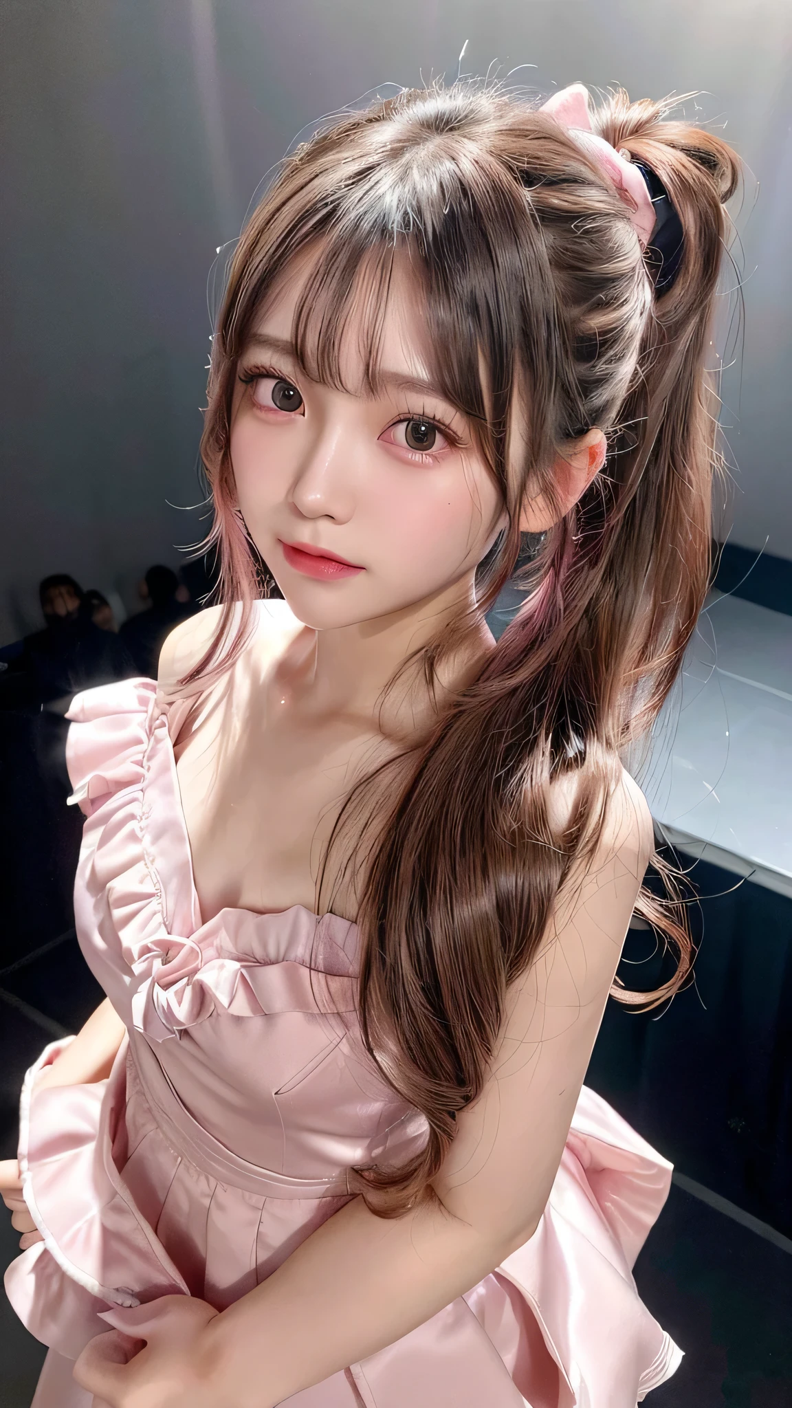 close up of face,blush,face forward,small breasts,,long hair ponytail,on stage,in the spotlight,((8K, Raw photo, best quality, muste piece:1.2), (Reality, photorealistic:1.4), (Highly detailed 8K wallpaper), Depth of the bounds written, cinematic lighting, soft light, detailed beauty eye,Shiny and smooth light brown ponytail, asymmetrical bangs, shiny skin, super detailed skin ,high resolution, high detail, detailed hairstyle, detailed beauty face, hyper real, perfect limbs, perfect anatomy ,1 Japanese girl,famous japanese idol, perfect female body,shy smile,short eyelashes,double-edged eyelids,look straight here,Hair style is ponytail、Pink colored long dress with lots of ruffles, softly shaped skirt, standing on stage,pink ribbon on head,She is wearing a skirt with lots of frills,pose is random,Neat clothes