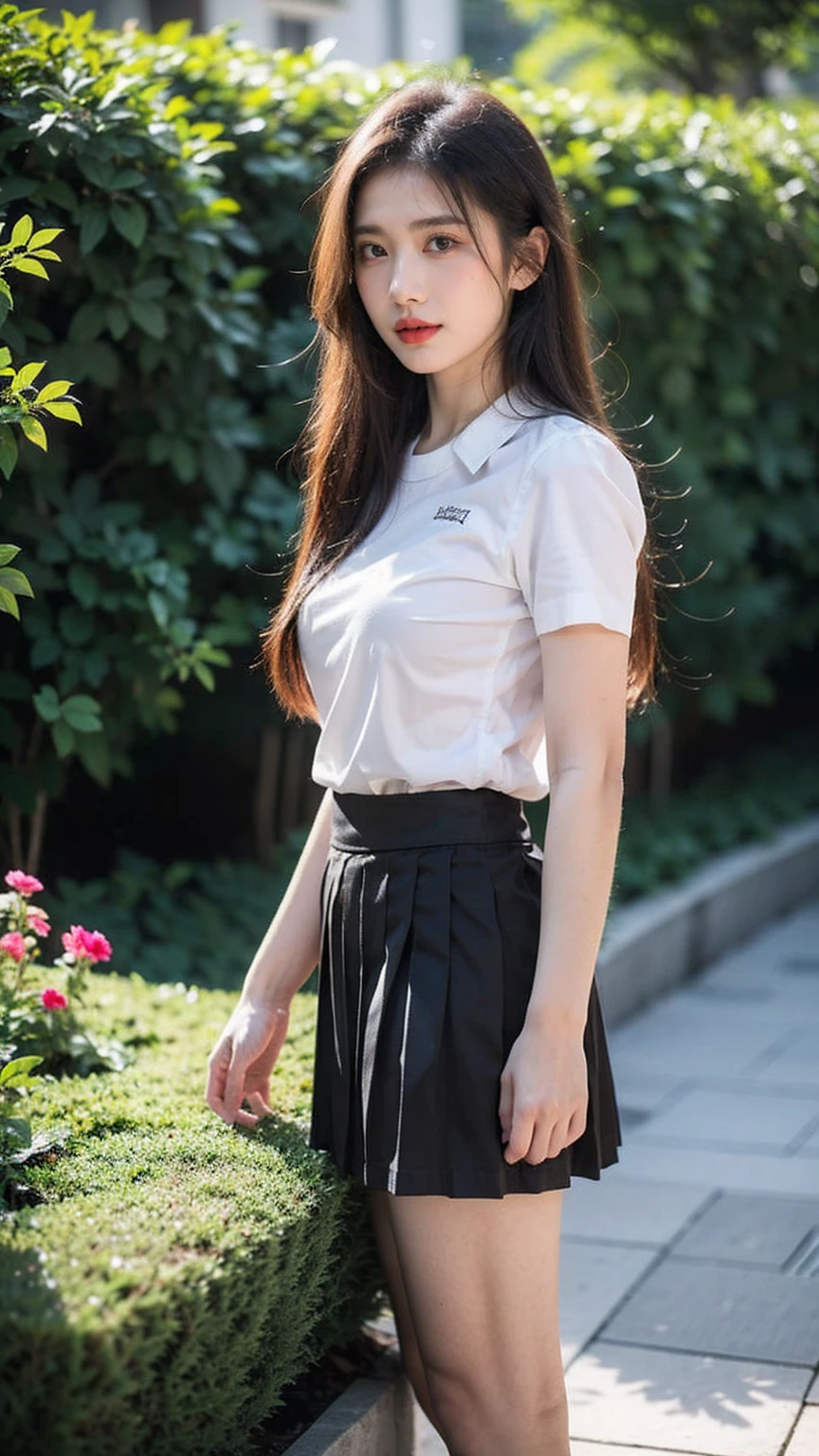 ((1girl)),in mahalai uniform, pose at garden, makeup with glossy lip, small breasts, (white shirt short sleeves:1.4), (black pleated skirt:1.4), various angle, ((face focus)), 22 years old, Beautiful Korean Girl, ((standing)) pose, (nsfw:1.4)