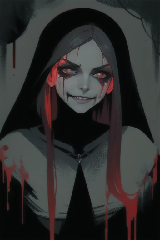 Dark, Creepy, 1,000 Year old, Lilith, low dim lighting, dark chamber, smirk, blood on her face, cultist markings,