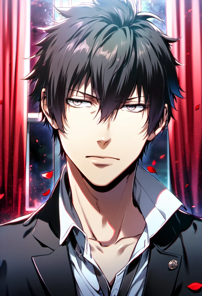 Ultra detailed, highres, absurdres, HDR, Kougami shinya, black hair, 1 man only, silver eyes, Psycho-Pass, handsome, window, red petals, red curtains, black jacket,
