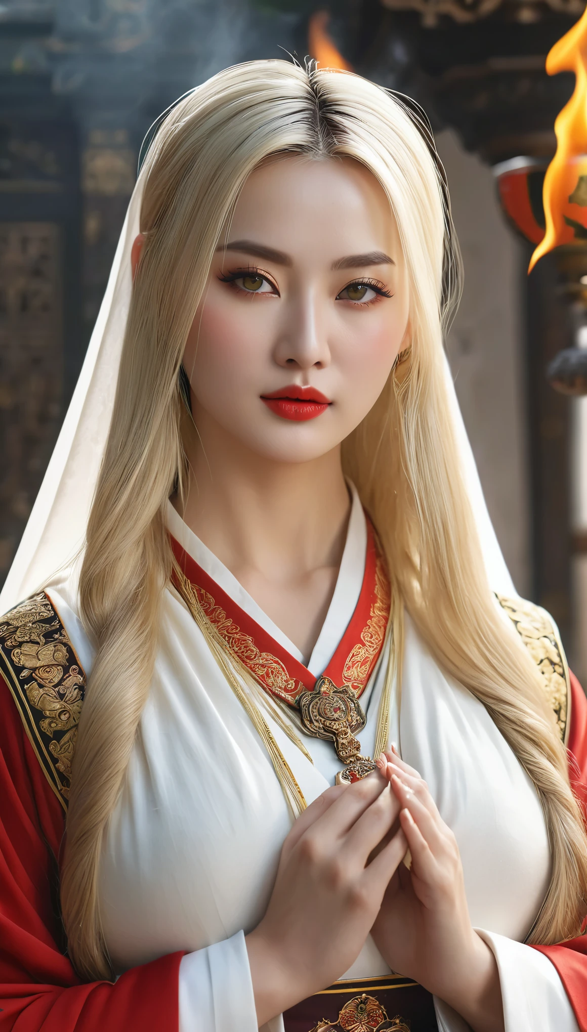 (((hyper real)))、(((30 year old white female monk in ancient Europe)))、(((beautiful female priest))) Mature middle-aged woman、((big big tits)) 、Fine skin texture、beautiful plump middle-aged woman、(Fine green eyes)、Blonde fluffy long hair、{(ancient ornate and luxurious temple)、(many torches are burning)}、(((big cleavage)))、big ass、red lips、(((luxurious costumes and luxurious accessories)))、