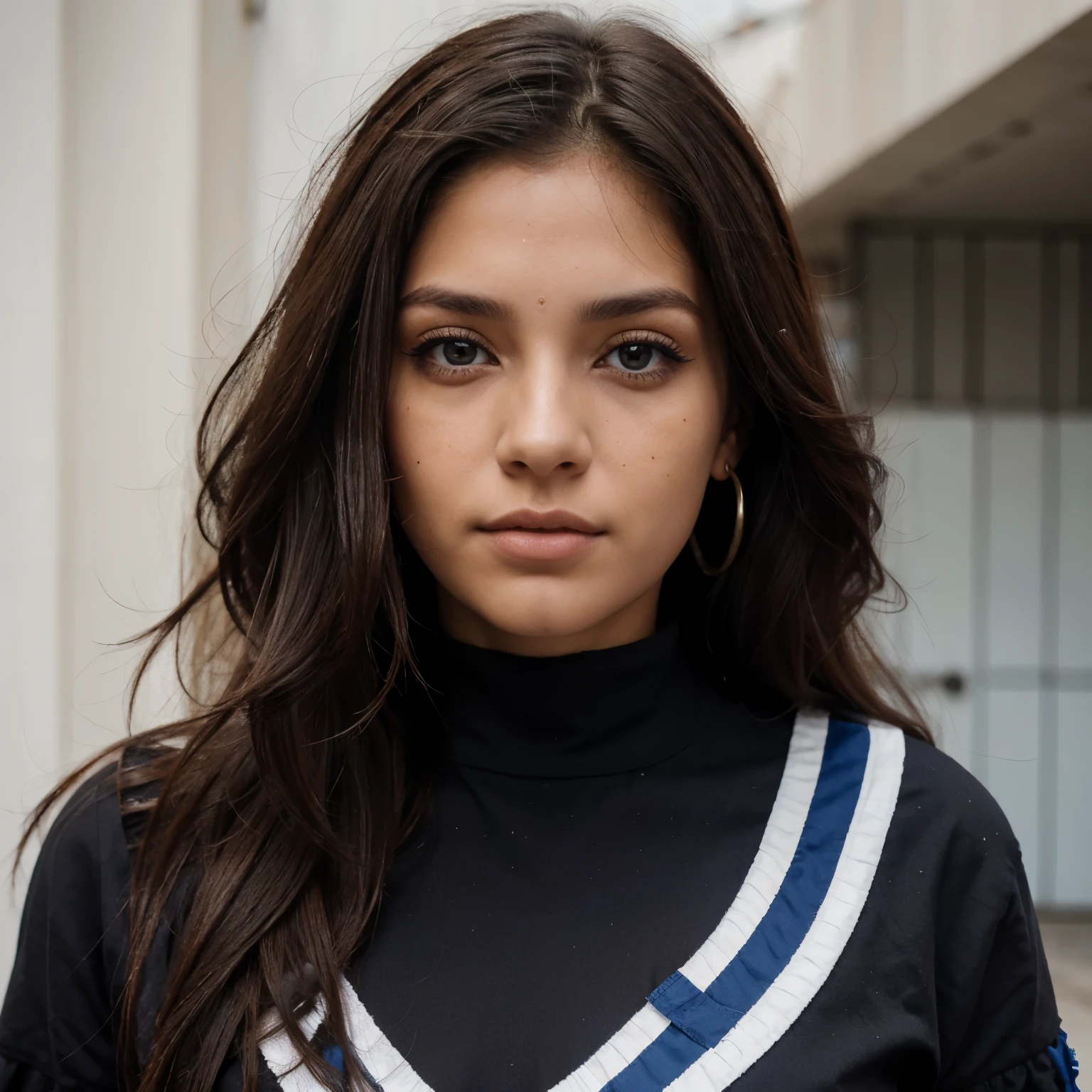 (Mujer humana), (de frente), con cabello negro y por los hombros con rulos y mechones blancos, ojos azules, pecas, piel blanca