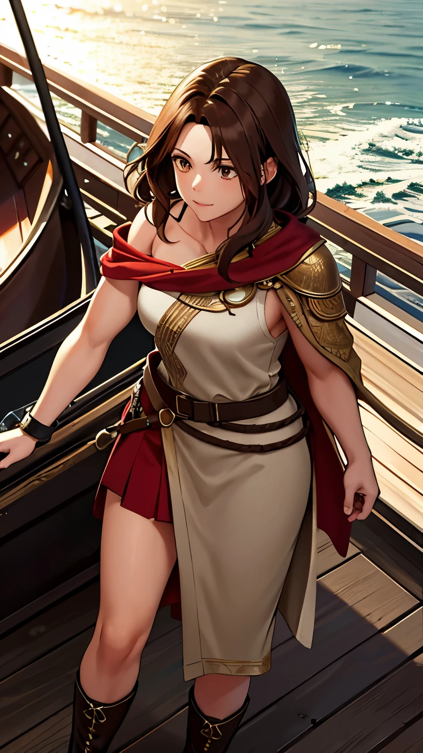 adult, Very muscular, brown eyes, shoulder length brown hair, Wearing a tan ancient Greek robe with red details, black high boots, outdoor, Wooden boat deck, 8K, Unreal Engine, Very detailed, dramatic angle,, 