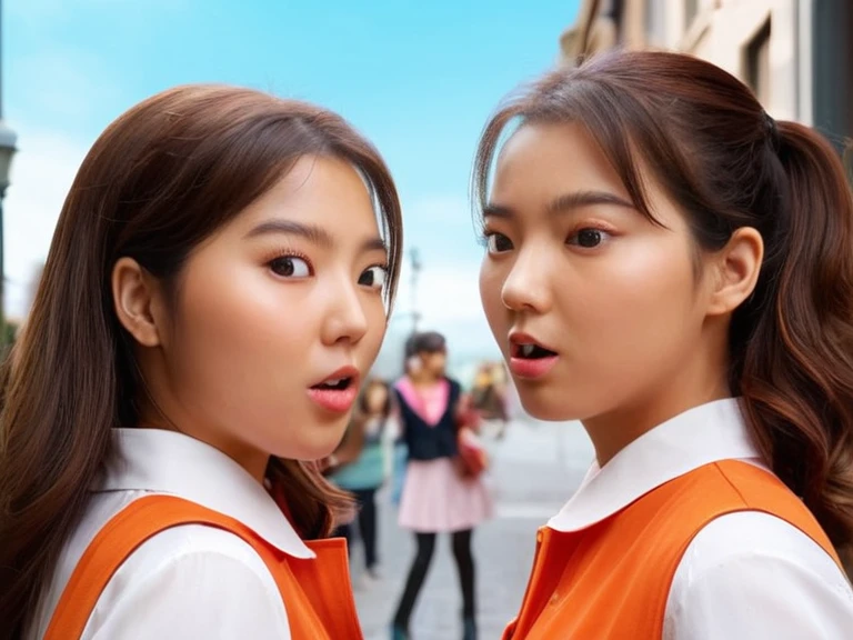 (high resolution, ultra-detailed, photorealistic), 4girls, sjang and her identical lookalikes bumping into each other for the first time, clones, doppelgangers, twins, encounter, first time meeting, (looking at each other:1.1), unexpected, surprised, amazed, strolling, realistic faces, realistic expression, urban background
