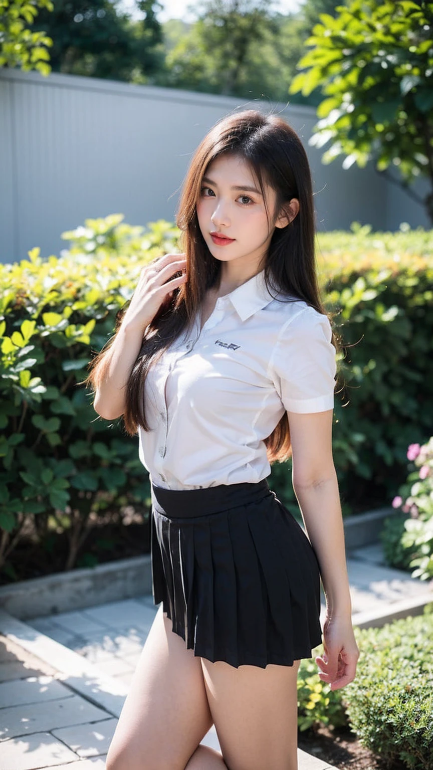 ((1girl)),in mahalai uniform, pose at garden, makeup with glossy lip, small breasts, (white shirt short sleeves:1.4), (black pleated skirt:1.4), various angle, ((face focus)), 22 years old, Beautiful Korean Girl, ((standing)) pose, (nsfw:1.4)