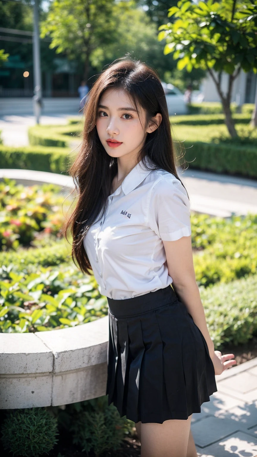 ((1girl)),in mahalai uniform, pose at garden, makeup with glossy lip, small breasts, (white shirt short sleeves:1.4), (black pleated skirt:1.4), various angle, ((face focus)), 22 years old, Beautiful Korean Girl, ((standing)) pose, (nsfw:1.4)