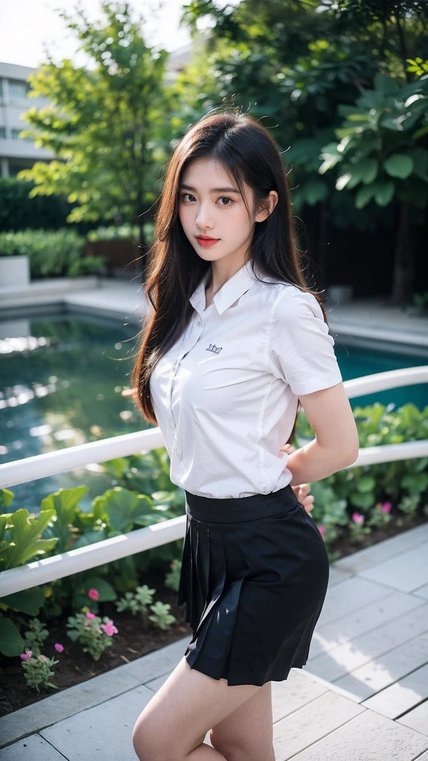 ((1girl)),in mahalai uniform, pose at garden, makeup with glossy lip, small breasts, (white shirt short sleeves:1.4), (black pleated skirt:1.4), various angle, ((face focus)), 22 years old, Beautiful Korean Girl, ((standing)) pose, (nsfw:1.4)