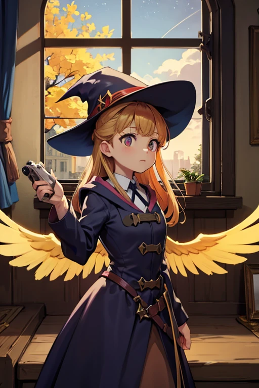 A golden haired female witch with hazel eyes with golden wings is wearing a Victorian dress is watching a shooting star from the window