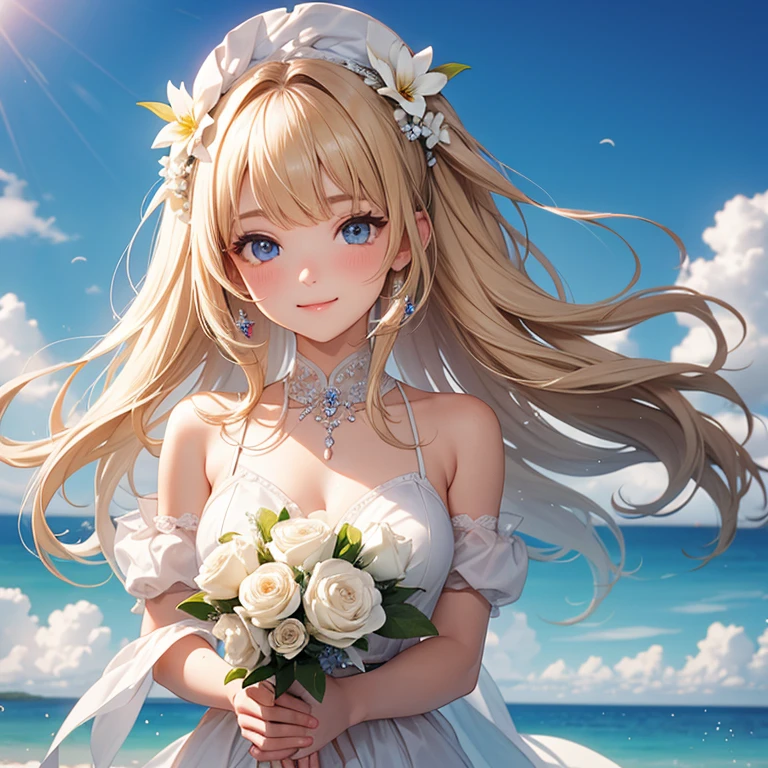 Delicate and beautiful CG art),(Highest quality, Very detailed, High resolution),(Dynamic Angle, Dynamic Lighting),(One character),(Long pink and blonde hair), blue eyes, Beautiful Face), 1 girl, (Long sideburns, plant, smile, Blue long dress, 3d, Ocean, water, Beach ball, shell, sunny, the wind is strong