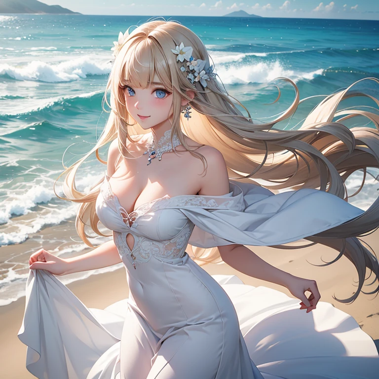 white、Ocean、droopy eyes、Brown eyeballs on face、smile、23 year old female、woman wearing one piece、long hair girl、((long hair girl))、Girl with bangs、detailed face、pretty face、((best image quality))、mole、bouquet、bride、Mermaid Dress.blonde、blue eyes、heroine、blush