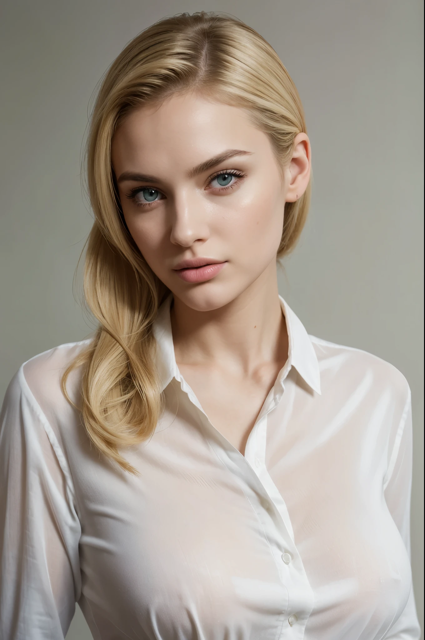 masterpiece, best quality, extremely detailed, hyperrealistic, photorealistic, a beautiful 20s french model, white background:1.1, putting hand to own face:1.1, green long sleeve shirt:1.2, t-shirt, ultra detailed face,high ponytail, blonde hair, pale skin, busty breasts, tongue out
