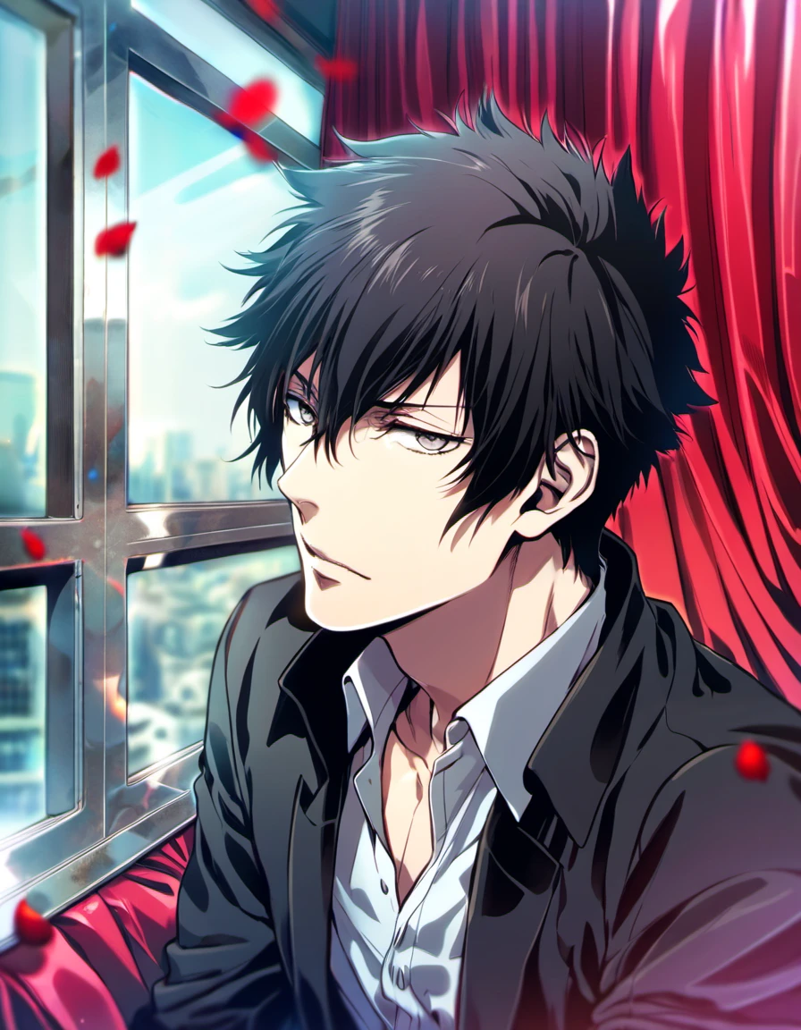 Ultra detailed, highres, absurdres, HDR, Kougami shinya, black hair, 1 man only, silver eyes, Psycho-Pass, handsome, window, red petals, red curtains, black jacket,