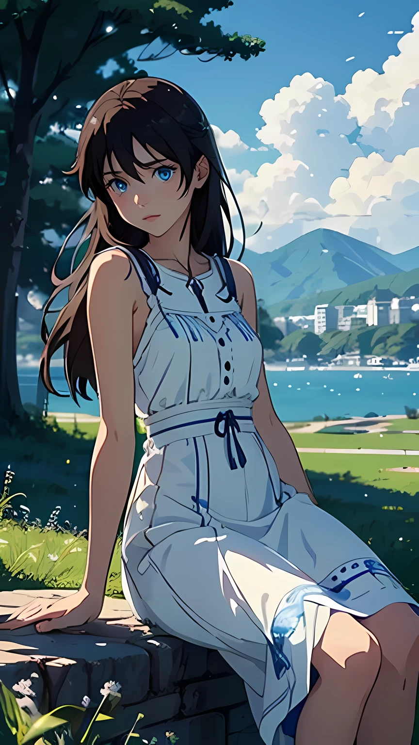 an extremely delicate and beautiful girl, detailed face depiction, long brown hair, blue eyes, white dress, sitting, trees, no humans, clear blue sky, cloud, outdoors, reflection, sky, building, water, daylight, blurry, summer, shadow, scenery, 8k wallpaper, masterpiece, Cinematic Lighting, best quality, Illustration, detailed face depiction, photorealistic scenery, Makoto Shinkai