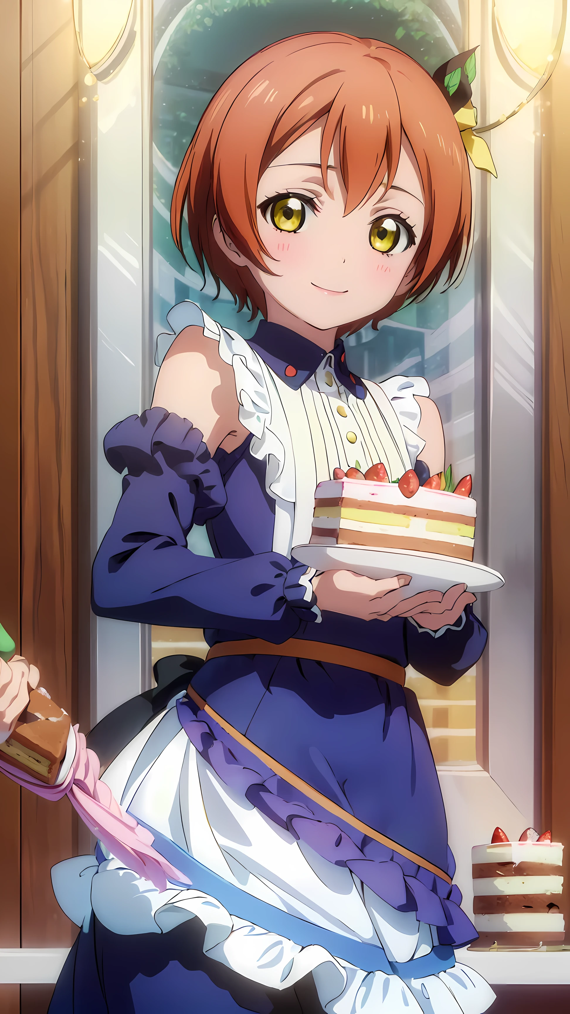 ((masterpiece)) (best quality) beautiful detailed eyes) (ultra-detailed) (finely detailed) 2d, beautiful 2d art, , solo, 1girl, rin hoshizora, , looking at viewer, smile، upper body (holding a piece of cake  viewing it to the viewer: 1.5) 