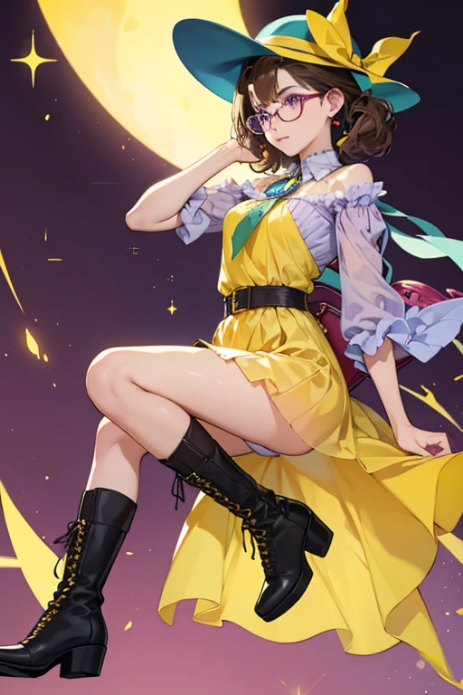 Magic Woman has light green skin and dark brown hair. Her outfit consists of a yellow dress that seems to have ripped sleeves and a ripped hem, black rounded glasses, a pointed yellow hat with a blue ribbon tied around it, and a red knapsack. Her footwear, a pair of boots, are two different colors (One is magenta, while the other is purple.). She also has a small brown sack tied to her arm. SPARKLE; GLITTER