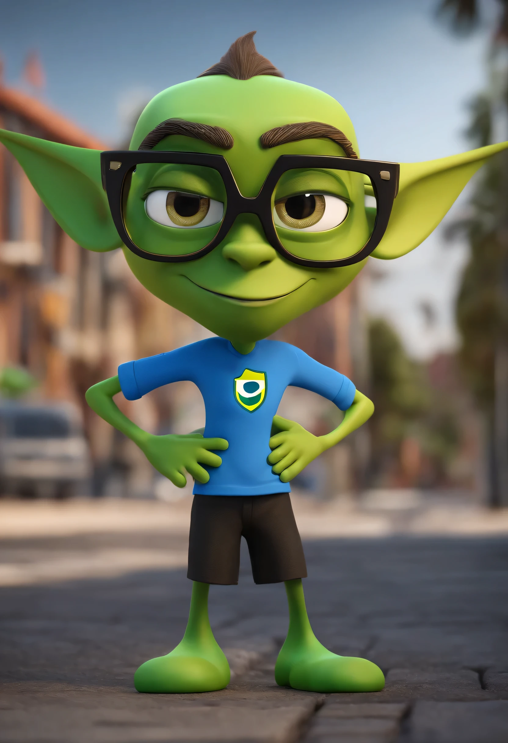 Cartoon character of a green alien with black glasses and a blue shirt from the Brazilian football team, the character has the Brazilian flag on his back. holding a paper sign saying "I have the right to FREEDOM of expression". animation character, stylized character, animation style rendering, 3d stylized, Arnold Maya rendering, stylized 3d rendering, toon rendering keyshot, 3d character, 3d character, stylized 3d rendering, 3d character rendering, cartoon character , character close-up, character pose, (Pixar Style) (master part:1.2) (Bokeh) (best quality) (detailed skin) (detailed texture) (8k) (clay) (Cinematic lighting) (sharp focus)