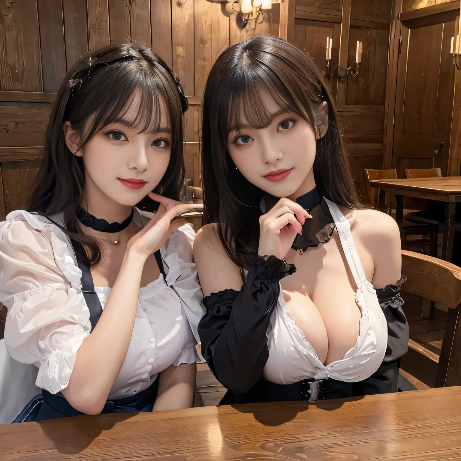 ((highest quality, 8K, Representative works in detail, ultra high resolution)), (Group photo), (looking at the viewer), (middle shot), attractive woman, ((big breasts)), collared shirt, smile, ((black choker)), slim body shape, big breasts, blue color contacts, long eyelashes, bangs, Beautiful shiny brown hair, Nogizaka Idol, Medieval style room, Wood grain walls, Wooden furniture, spacious room, VIP treatment, sitting opposite each other across the table
