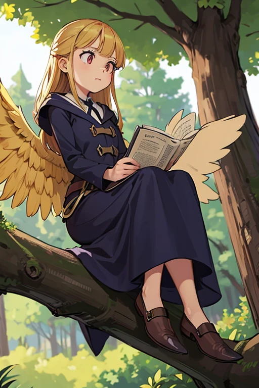 A golden haired female witch with hazel eyes with golden wings is wearing a Victorian dress is studying underneath a tree