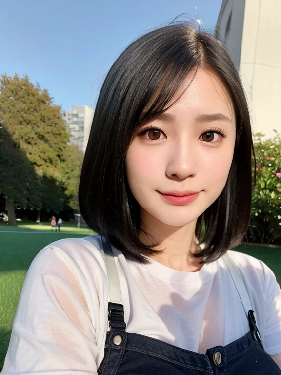 (kawaii 24 year-old Japanese girl, Nogizaka idol, Korean idol), healthy female athlete body, (glossy black hair, very short hair, messy hair edge, symmetric hair length:1.3), (bangs), (rounded face, brown eyes, single eyelid, no makeup, soft smiling:1.2), (wearing over-sized t-shirt, skinny jeans:1.3), flat chest, extra small breasts, (looking at viewer:1.2), BREAK, (turf in the park background:1.3), (dynamic angle:1.3), BREAK, (masterpiece, best quality, photo realistic, official art:1.4), (UHD, 8K quality wallpaper, high resolution, raw photo, golden ratio:1.2), (shiny skin), professional lighting, physically based rendering, award winning, (perfect anatomy, highly detailed skin, extremely detailed face and eyes), Carl Zeiss 85 mm F/1.4, depth of field, 1girl, solo,